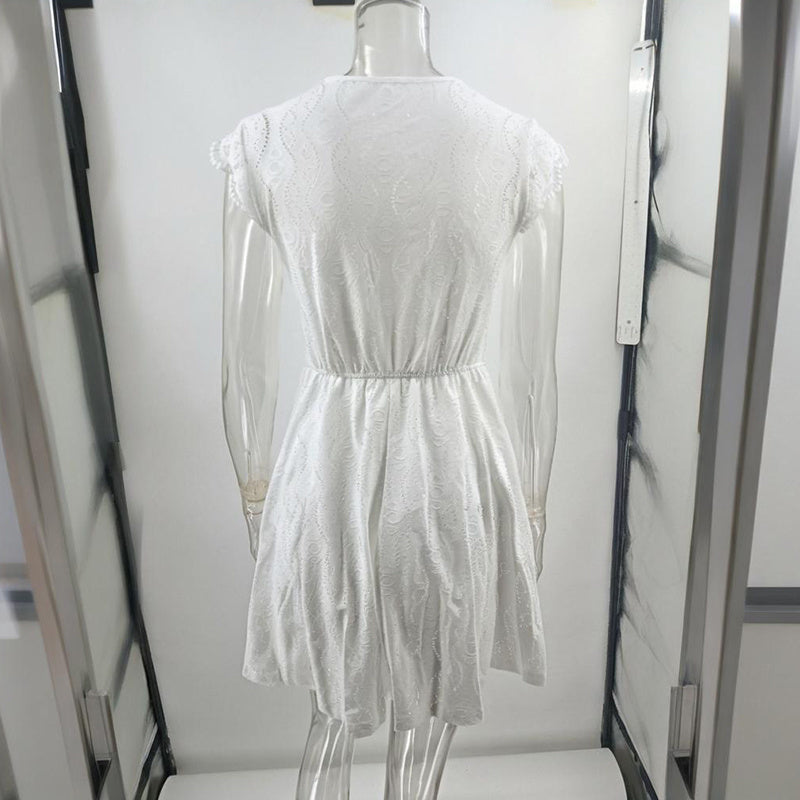 Women's V-Neck Short Sleeve Dress With Lace Trim