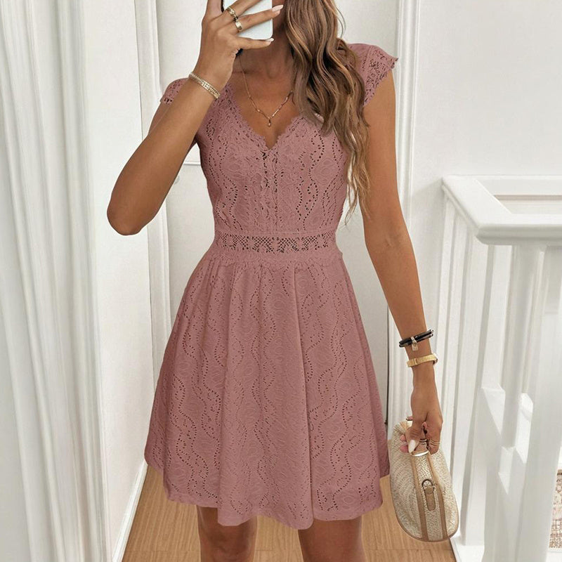 Women's V-Neck Short Sleeve Dress With Lace Trim