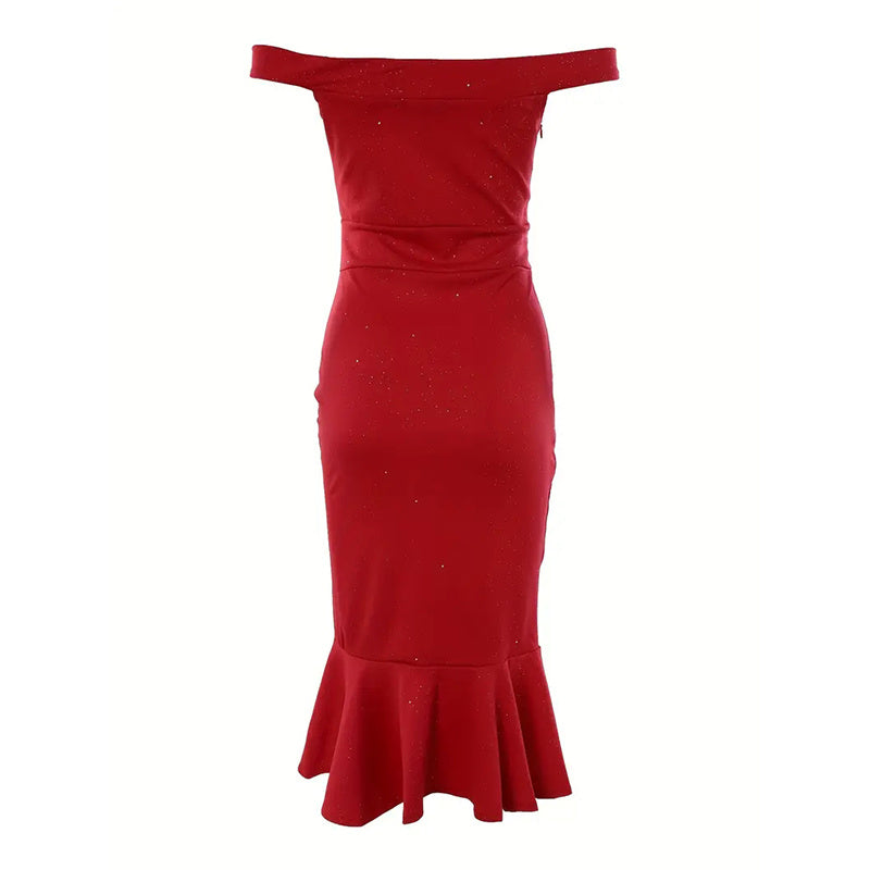 Ruffled High-Slit Bodycon Dress Sparkling Off-Shoulder