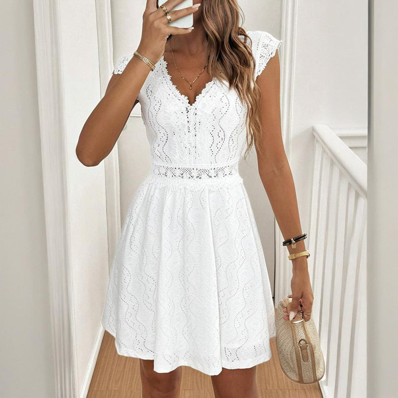 Women's V-Neck Short Sleeve Dress With Lace Trim