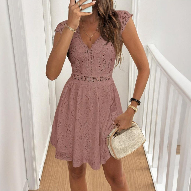 Women's V-Neck Short Sleeve Dress With Lace Trim