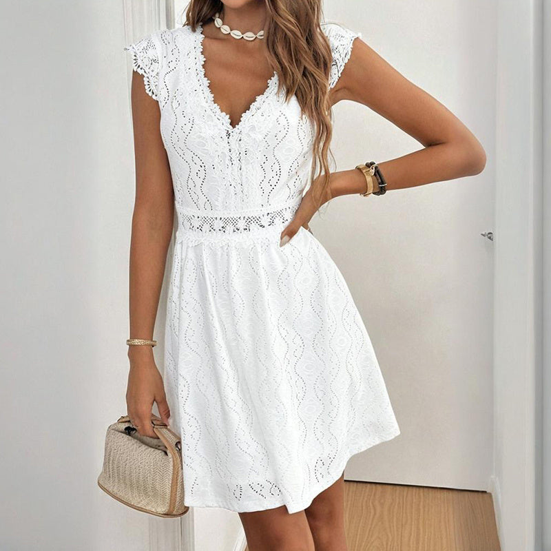 Women's V-Neck Short Sleeve Dress With Lace Trim