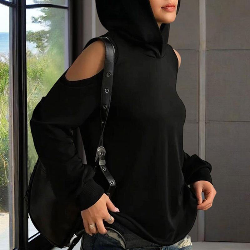 Women's Solid Color Long Sleeve Off-Shoulder Hoodie