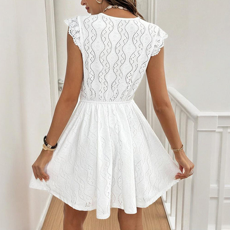 Women's V-Neck Short Sleeve Dress With Lace Trim