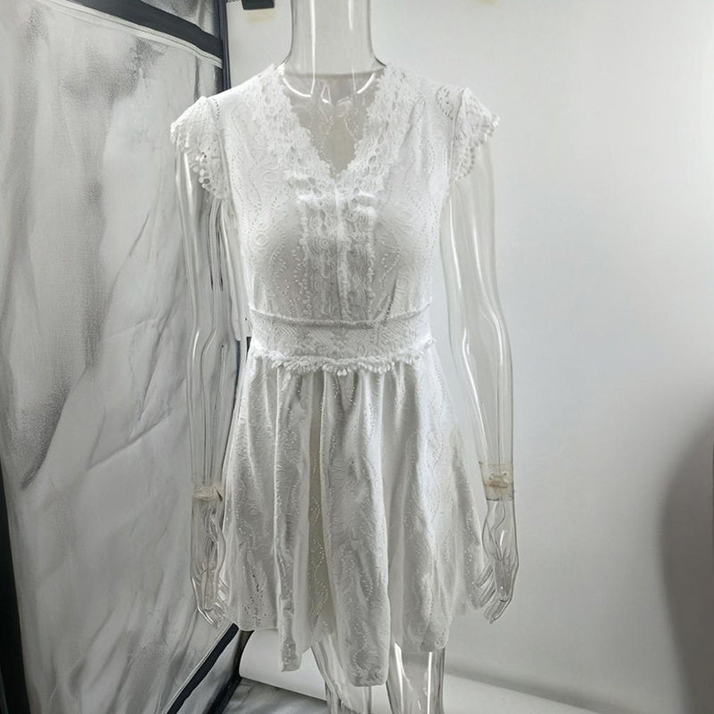 Women's V-Neck Short Sleeve Dress With Lace Trim