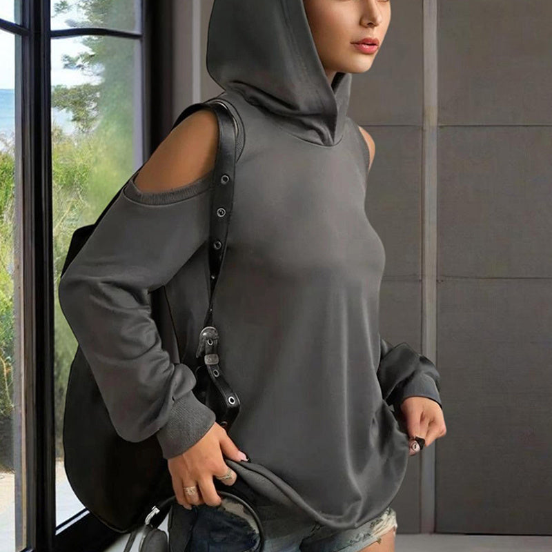 Women's Solid Color Long Sleeve Off-Shoulder Hoodie